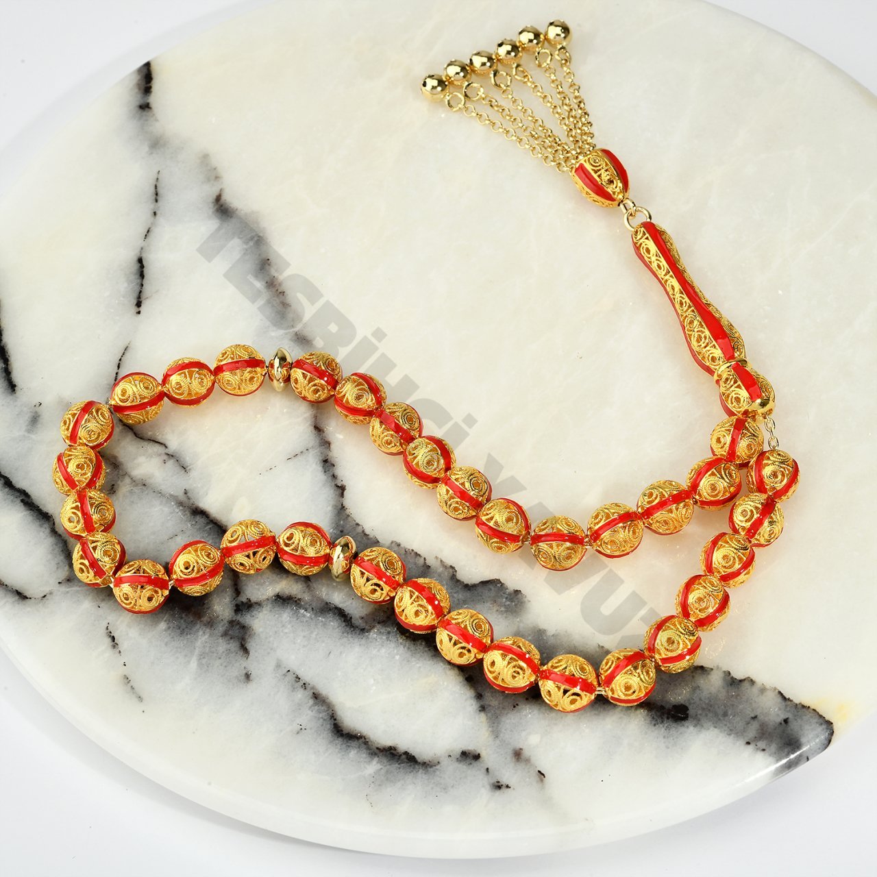 14 Ayar Kırmızı Mineli Telkari Fusion Yuvarlak Altın Tesbih