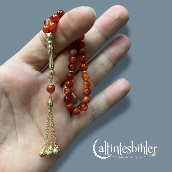 14 Ayar Altın Püskül ve İmameli Akik Taşlı Bilek Boy Tesbih