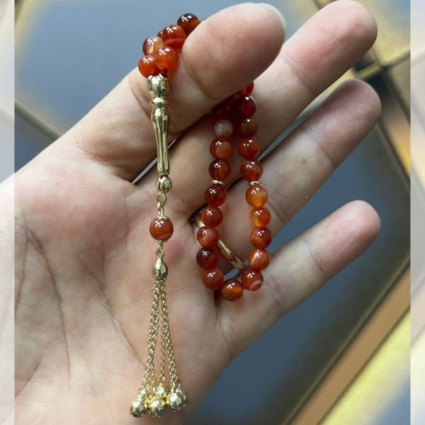 14 Ayar Altın Püskül ve İmameli Akik Taşlı Bilek Boy Tesbih