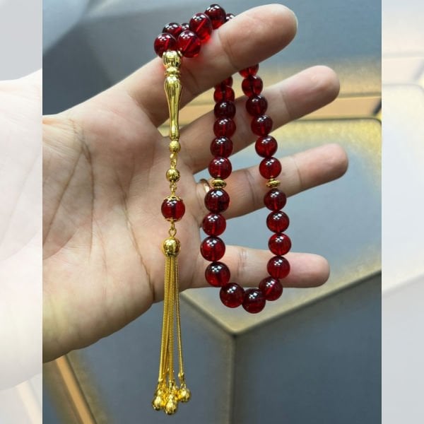 14 Ayar Altın Püskül Ve İmameli Kırmızı Ateş Kehribar Tesbih