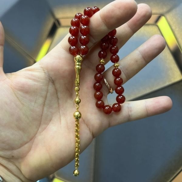 Kırmızı Akik Taşlı 14 Ayar Altın Tesbih
