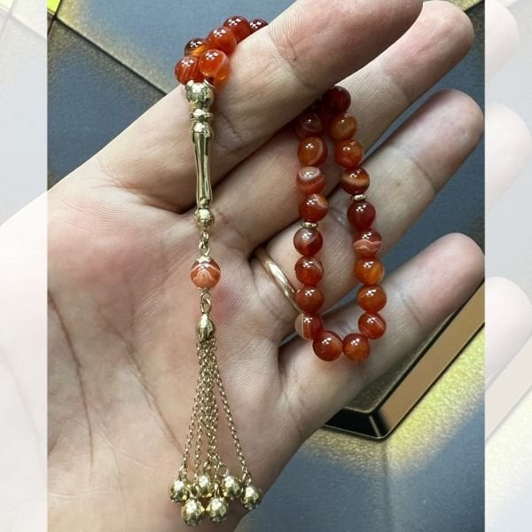 Bilek Boy Akik Taşlı 14 Ayar Altın Tesbih