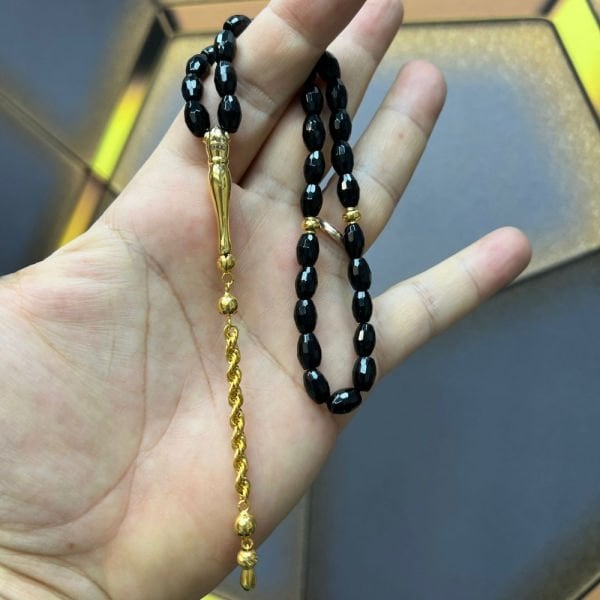 Arpa Kesim Siyah Onix Taşlı 14 Ayar Altın Tesbih