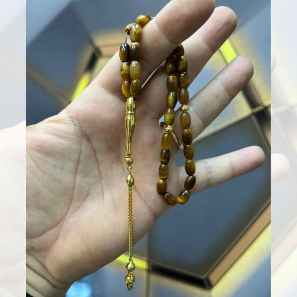 14 Ayar Altın Arpa Kesim Kaplan Gözü Tesbih