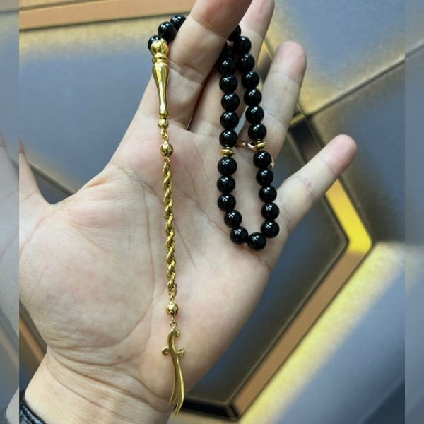 Oniks Taşlı Bilek Boy Zülfikar Uçlu 14 Ayar Altın Tesbih