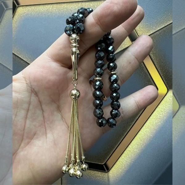 Faset Kesim Oniks Taşlı 14 Ayar Altın Tesbih